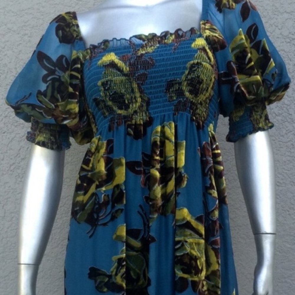 BETSEY JOHNSON Velvet Teal Floral Puff Sleeve Tunic Top Slip Mini Babydoll Dress